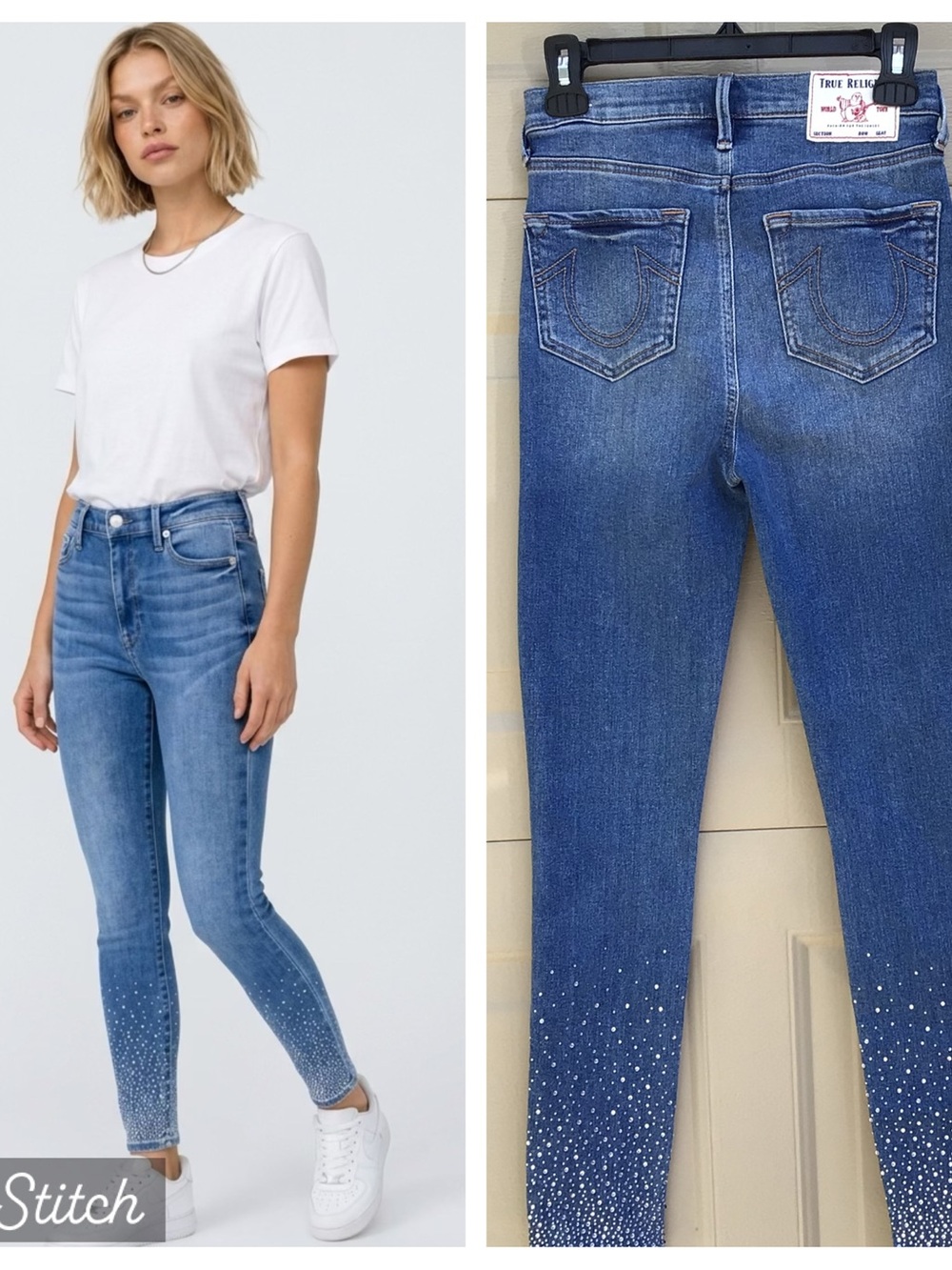 True Religion CAIA ULTRA HIGH RISE Blue Skinny Jeans Rhinestone Ombre Sz 26 NEW